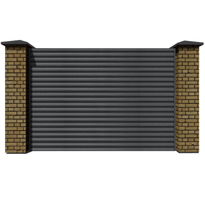 Секция забора жалюзи из ламелей еврожалюзи RAL7024 Серый Графит Стальной Бархат с кирпичными столбами анфас