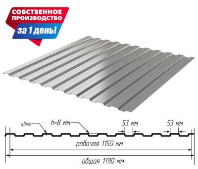 Профнастил С-8 Оцинкованный шириной 1,19 м. длиной 1,80 м